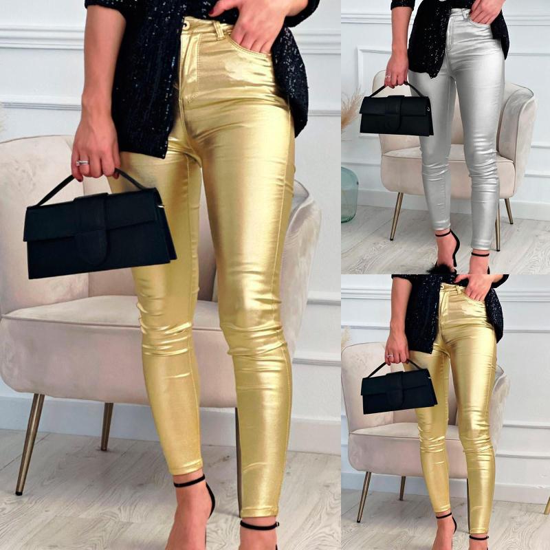 

Women' Pants Women' Sexy Mid Waist Faux Leather Leggings Stretch Pleather, Gold