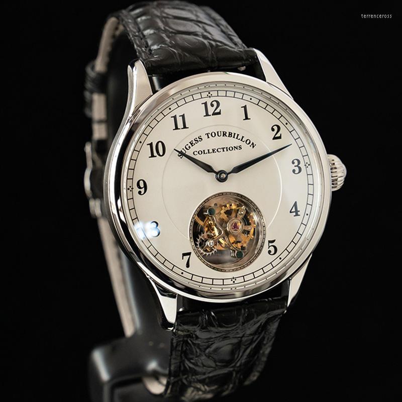

Wristwatches Sugess Luxury Tourbillon Seagull Movement ST8000 Skeleton Sapphire Mechanical Watches For Men 2023 Crocodile Fashion Clock