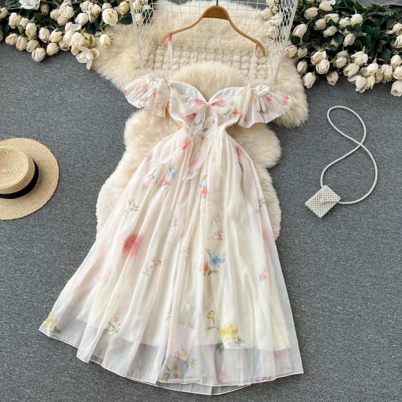 

Casual Dresses Cacocala Off The Shoulder Sexy Strap Dress Strapless Corset Ladies Backless Bow Sweet Print Women Long Vestidos, Apricot