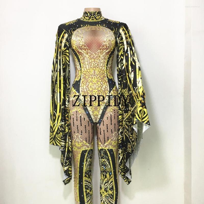 

Women's Jumpsuits Shining Black Jumpsuit Outfit Women Bodysuit Celebrate Rhinestone Costume Female Singer Big Sleeves Performance Wear
