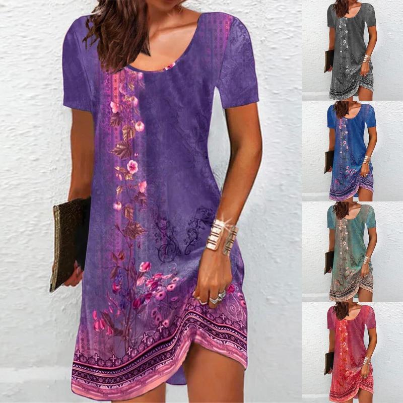 

Casual Dresses Women Summer Floral Round Neck Short Sleeve Tribal Print Dress Sundresses Ethnic, Blue