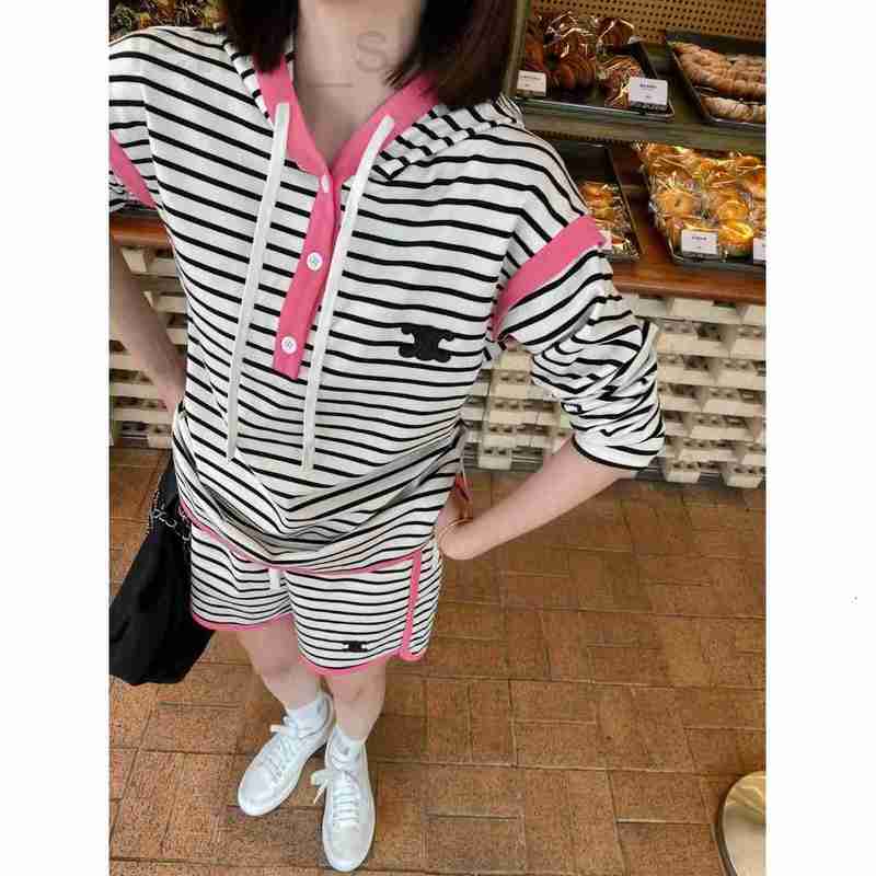 

Women' Tracksuits designer CE23ss New Long Sleeve Shorts Stripe Set Hooded Pullover Sweater with High Waist Casual Sporty Style ZV1C, Black edge