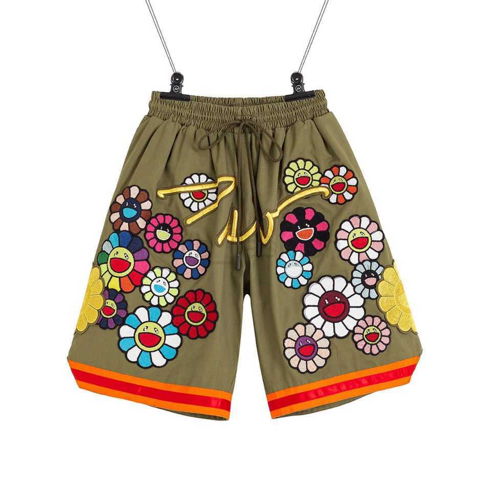 

Murakami Takashi Correct Version Co branded Readymade Sunflower Embroidered Military Fabric Retro Work Shorts, Olive