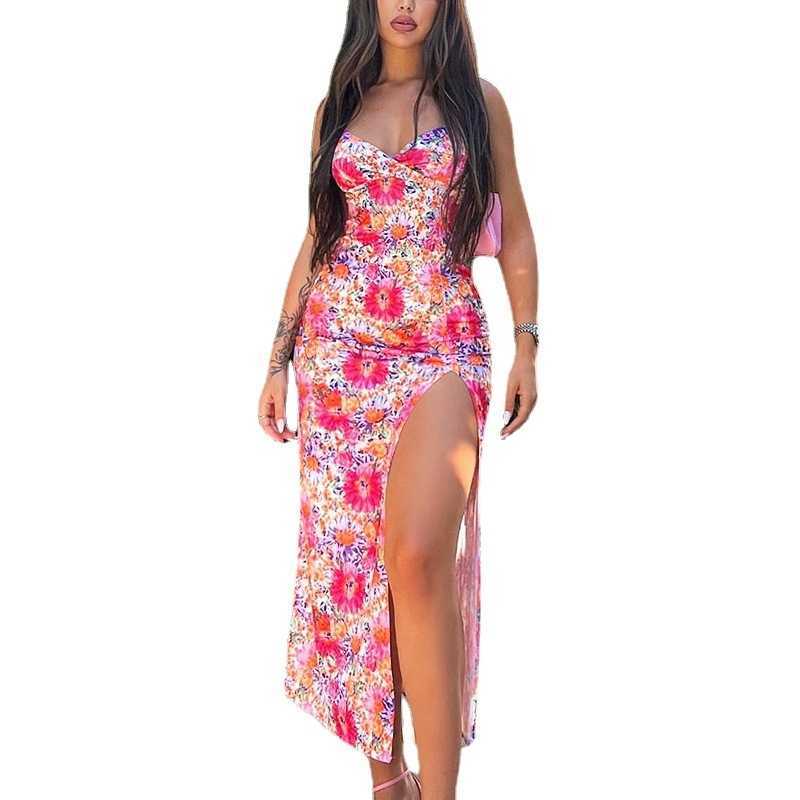 

Designer Womens Casual Dresses Summer Digital Printing V-neck Suspender Mid Length Split Suspender Dress, Pink
