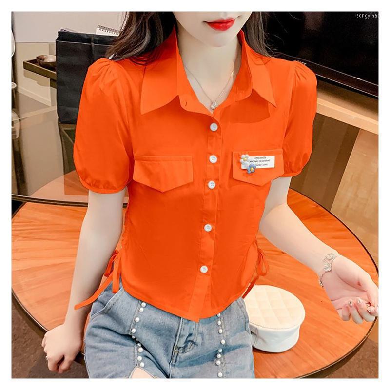 

Women's Blouses Fashion Temperament Shirt Women Summer 2023 Design Sense Niche Drawstring Blouse Female Age-reducing Lapel Bubble Sleeve Top, Orange