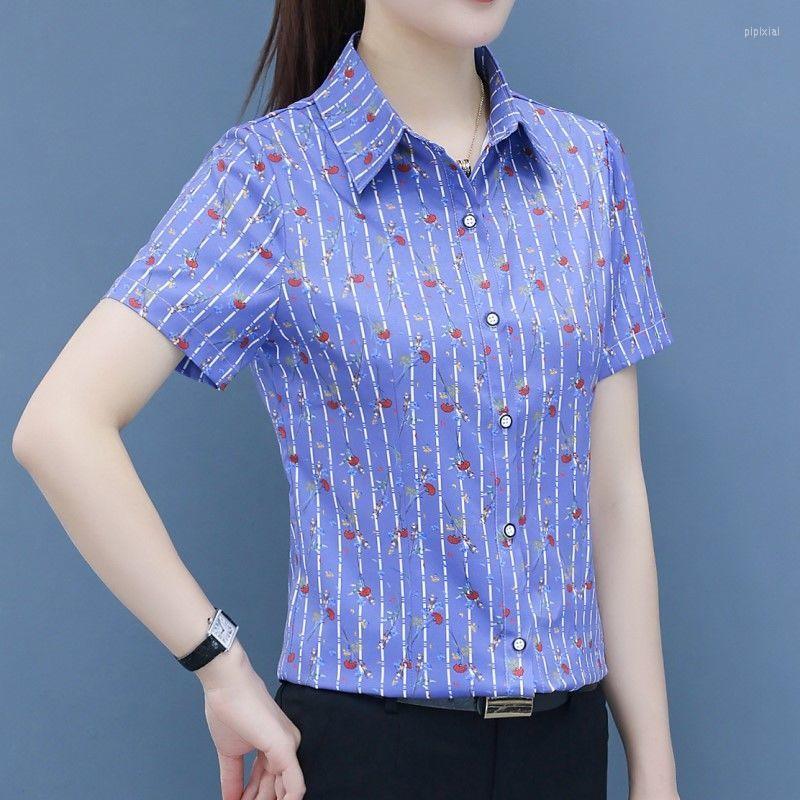 

Women's Blouses Summer Lapel Women's Short-sleeved Striped Print Middle-aged Shirt Single-breasted Slim Versatile Commuter Korean, Blue