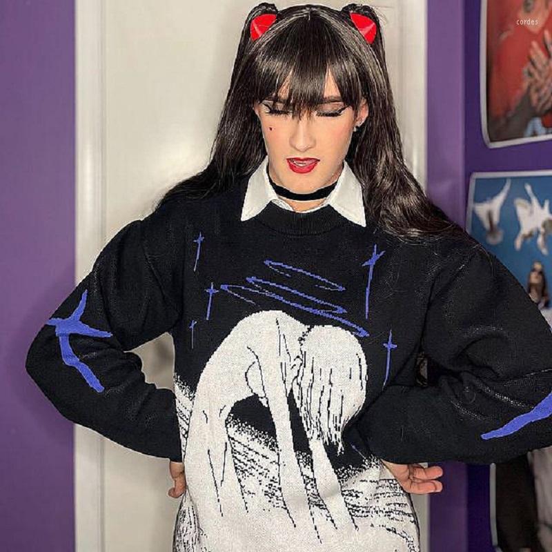 

Women's Sweaters Women's Knitting Cute Anime Print Pattern O Neck Pullover Sweater Streetwear Girls Oversized Harajuku Knitwear Y2k, Black