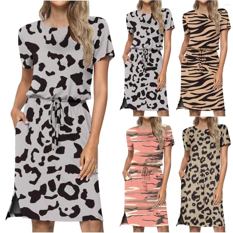 

Casual Dresses Ladies Summer Midi Dress Animal Pattern Round Neck Short Sleeve Adjustable Waist For Women 2023 Vestidos, Khaki
