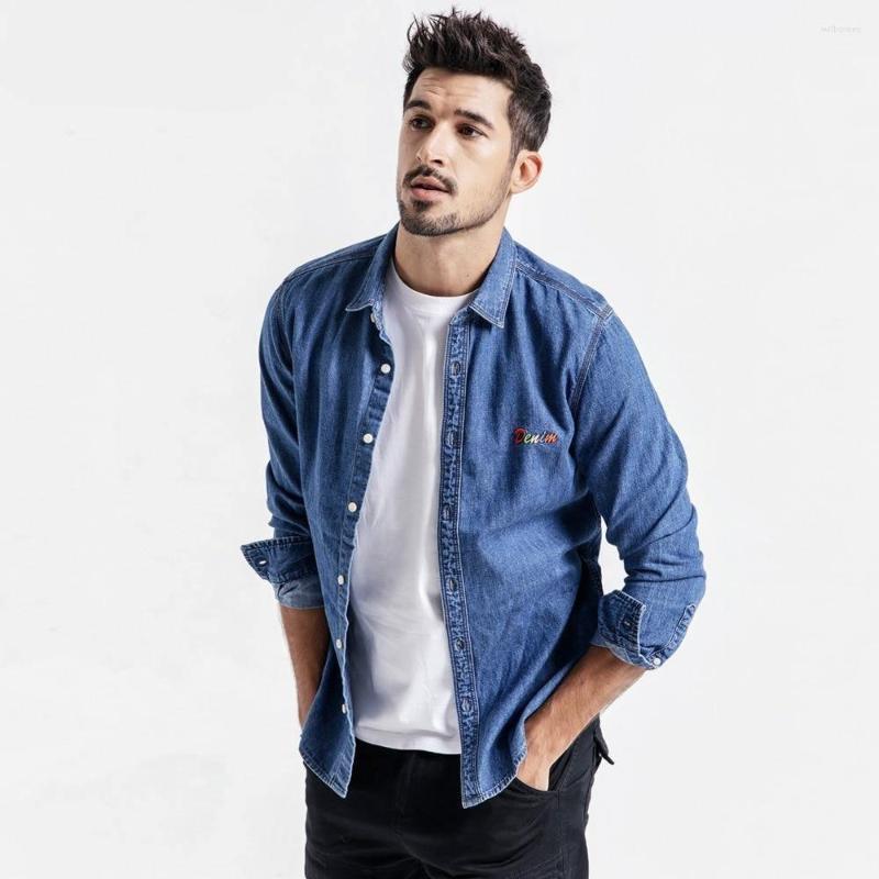 

Men's Casual Shirts Denim Men Fashion Brand Long Sleeve Letter Embroidered Shirt, Blue