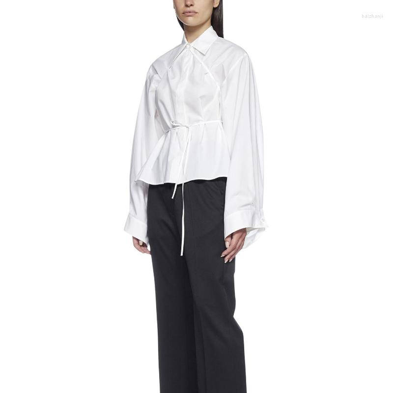 

Women' Blouses 2023 Spring Women Lapel Tie Waist Loose Long-sleeved Shirt, White