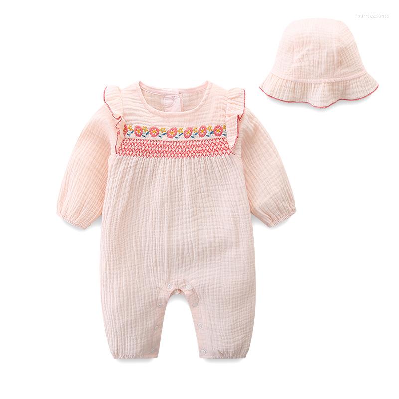 

Rompers Spring Autumn Infant Baby Girls Jumpsuit Hat Cotton Long Sleeve Flower Embroidery Toddler Girl Romper Children Clothes, K5265 pink