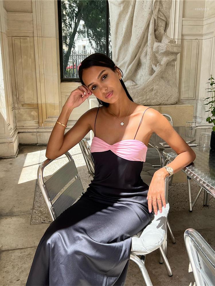 

Casual Dresses Women' Summer Long Dress Sleeveless Spaghetti Strap Bow Front Contrast Color Party Club Beach