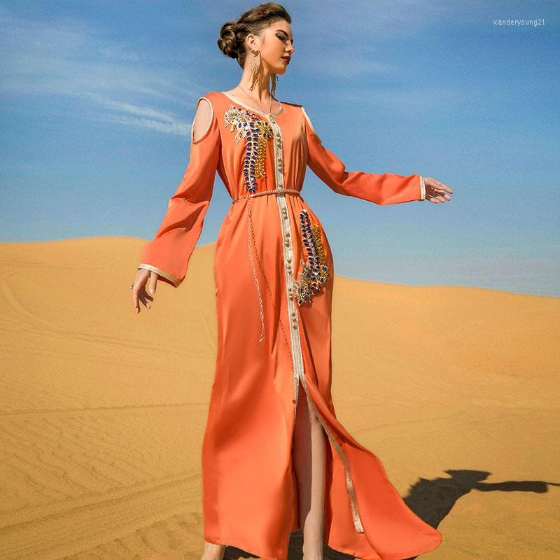 

Ethnic Clothing Evening Kaftan Handsewn Diamond Arabic Long Dresses Moroccan Caftan Women Belted Muslim Dubai Saudi Abaya Ramadan Party Gown