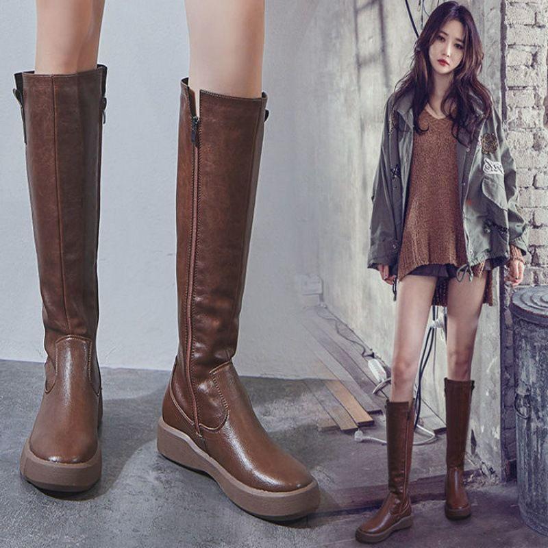 

Dress Shoes Retro Flat-bottomed Large Long-sleeved Women's Boots With Round Head Side Zipper Less Than Knee, Chocolate