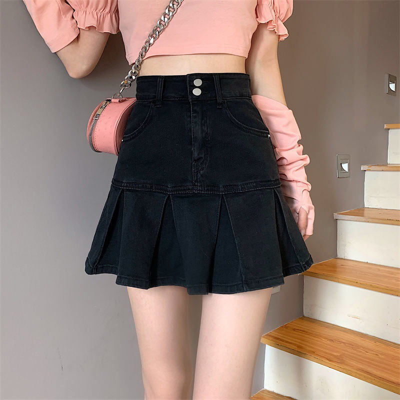 

Skirts Blue Denim Mini Pleated Skirt Ruffles Summer High Waist Jeans Skirt Sexy A-line Skirt Y2K Streetwear Fashion Korean 230413