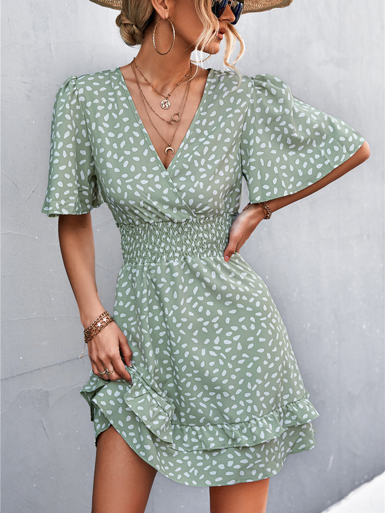 

Casual Dresses Sexy V Neck Mini Dress For Women Fashion Floral Slim Short Dresses Female Lotus Leaf Sleeve Elegant Dress Summer Vestido Mujer 230413, Black
