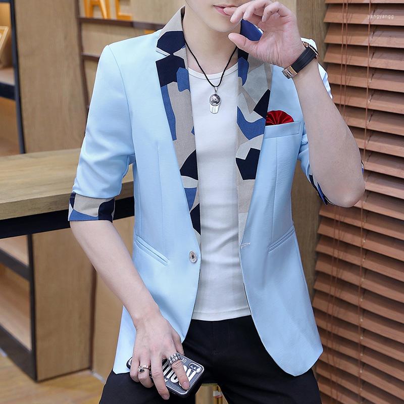 

Men's Suits HOO 2023 Men's Summer Half Sleeve Slim Suit Jacket Youth Cool Printed Handsome Color Matching Blazer, Blue