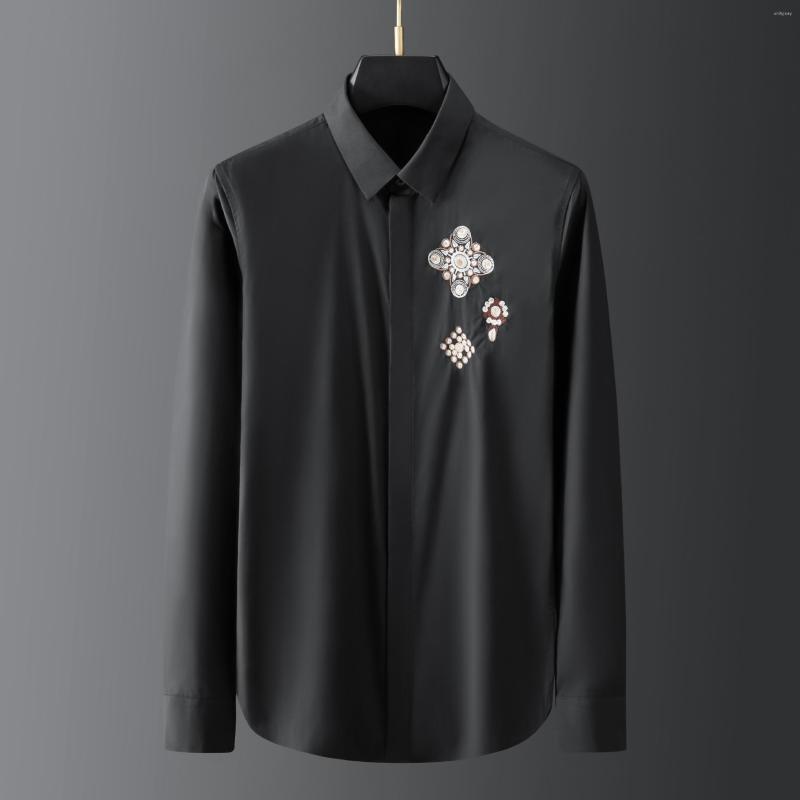 

Men's Casual Shirts Luxury Embroidered Long-sleeved Shirt For Men Simple Business Dress Social Party Tuxedo Camisas Para Hombre 2023, Black