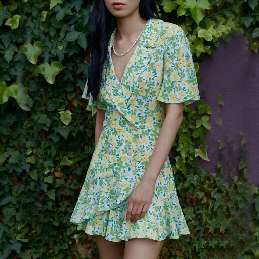 

2023 Fashion green dress long dress women dress Puff Sleeve Split Thigh Dress, L5