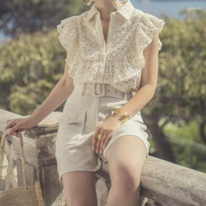 

Women' Blouses Spring And Summer Retro Women Cotton Lace Hollow Embroidery Flying Sleeves Ruffled Straight Shirt, Top