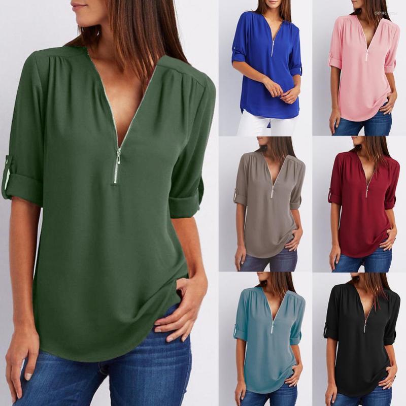 

Women's Blouses Solid Color Shirt Casual Loose Blouse Office Lady Sexy Zipper V Neck Half Sleeve, Rose red