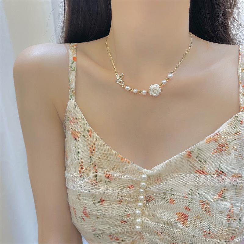

Chains Vintage Rose Necklace Spring Ins Niche Butterfly Pearl Collarbone Chain Female