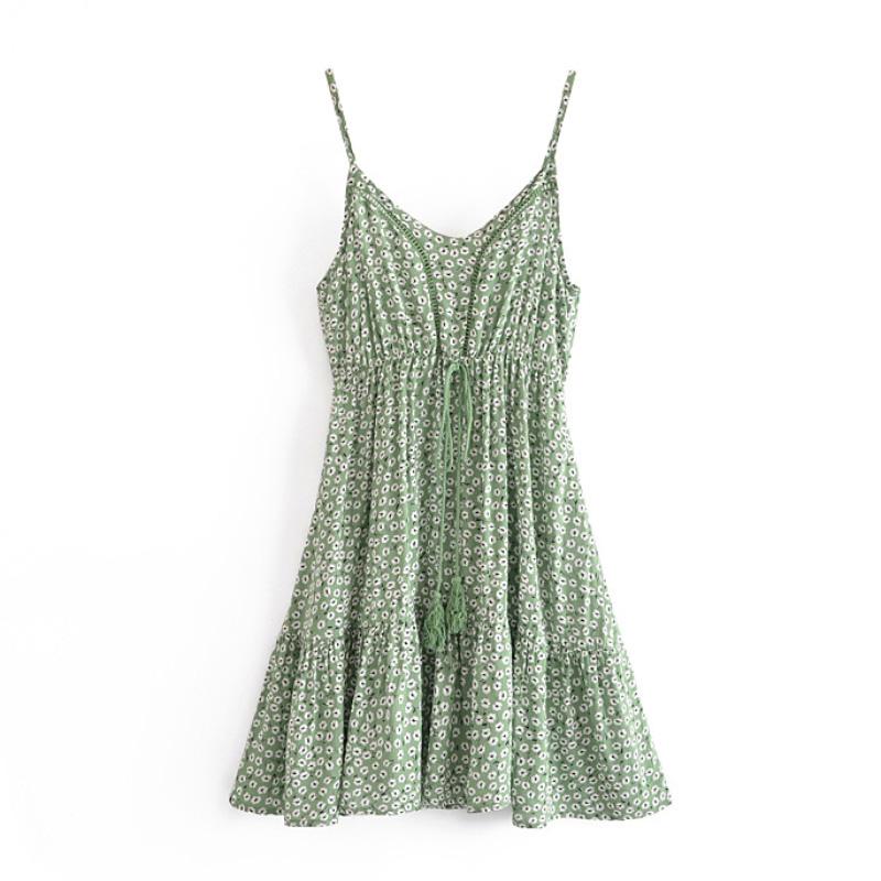 

Casual Dresses Summer Beach Floral Printed Mini Dress Women Chic V Neck Spaghetti Strap Party Ladies Sleeveless Backless DressesCasual, Green