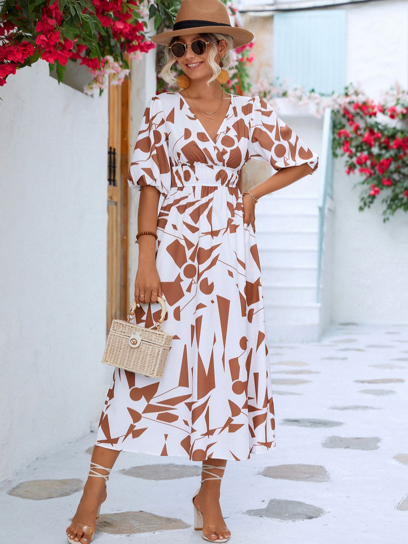 

Casual Dresses V-neck puff sleeve dress230413, Khaki