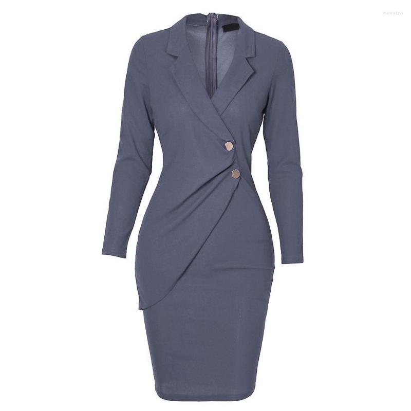 

Casual Dresses Solid Lapel Long Sleeve Buttonhole Work Dress, Beige