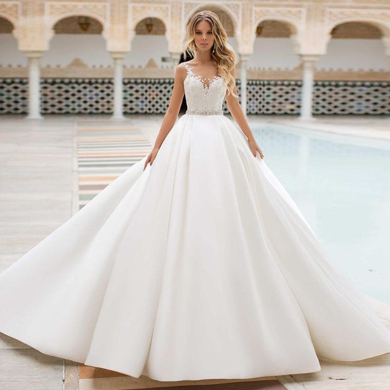 

Wedding Dress Satin Skirt Simple Abito Da Sposa Crystal Beading Waist Fashion Vestidos De Noiva Appliques Bodice Hochzeitskleid, Champagne