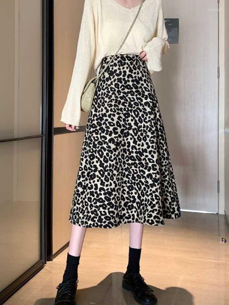 

Skirts Autumn Leopard Print A-line Long Skirt Temperament Elastic Waist Calf Flared SkirtSkirts, Khaki