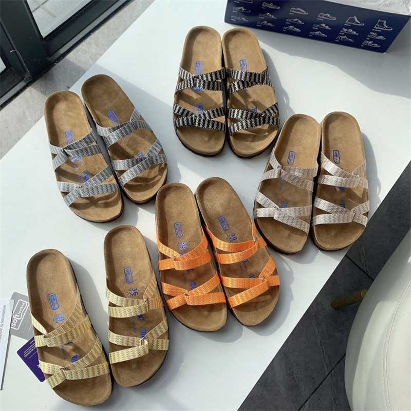 

2023 New Candy Color Double Cross Strap Slippers Leather Comfortable Casual Open Toe Cork Outwear for Women, Orange