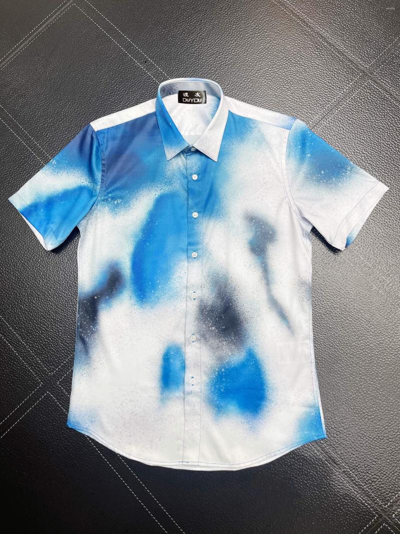 

Men's Casual Shirts Men's Cotton Dress Splash Ink Print Short Sleeve Camisas Masculina Slim Fit Mens Business Shirt 101660, Blue