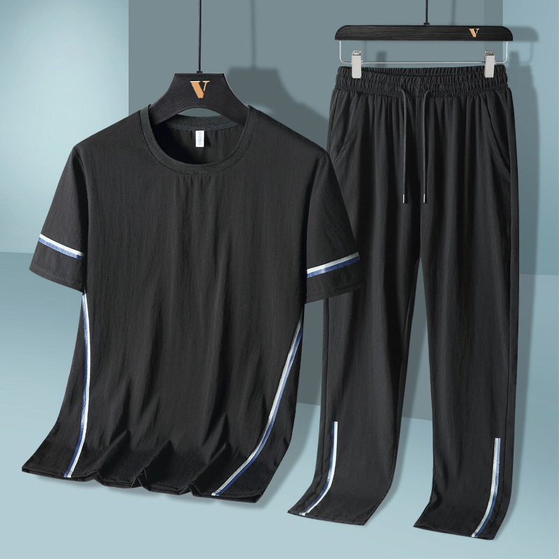 

Men's Tracksuits Fashion Men 2 Piece Suit Sportswear Summer Casual O Neck Short Sleeve T Shirt Sports Trousers Male Large Size  8XL 230413, Black