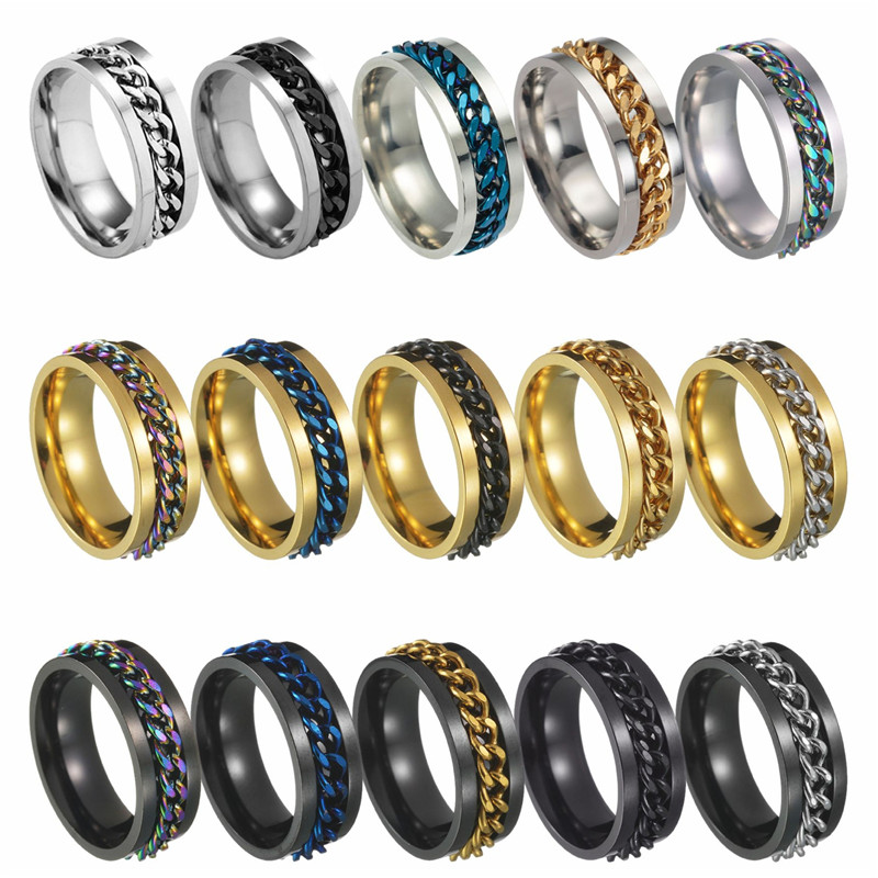 

Fashion Punk Rotatable Stainless Steel Mens Ring Designer Cuban Link Chain for Man Black Silver Gold Rings Party South American Hiphop Jewelry Friend Gift Size 5-14