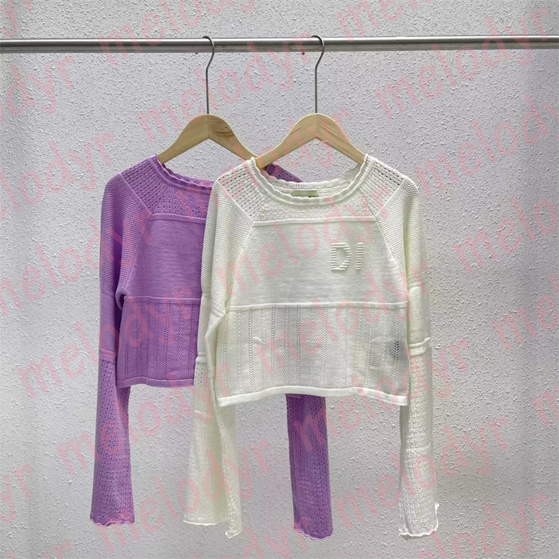 

Designer Hollow Knits Long Sleeve T Shirts Fashion Womens Short Knitted Pullovers Letter Sweater, White