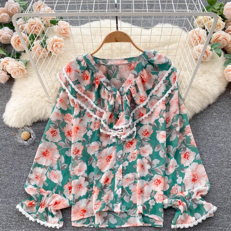 

Women's Blouses Bohemian Women Floral Chiffon Blouse Boho Ruffle Lace Patchwork Shirt Elegant Single Breasted Loose Tops Female Autumn 2023, Green