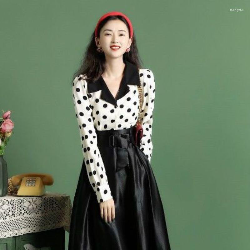 

Work Dresses French Vintage Polka Dot Shirt Two-piece Set Of Blouse 2023 Autumn Hepburn Style High-waisted A-line Skirt Suit For Women, Beige