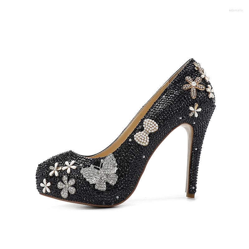 

Dress Shoes Spring And Summer Crystal Waterproof Platform Wedding Slim High Heel Party Versatile Large Women's Single, Black
