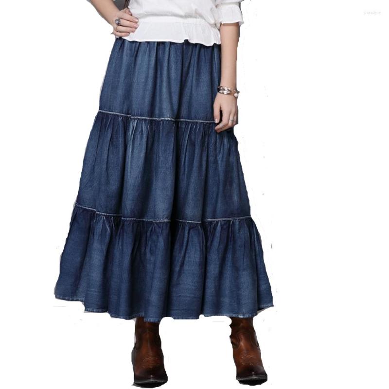 

Skirts Vintage Style Women Splicing Pattern Loose Ankle-length Block Lap Jeans Skirt All Matching Beach FS0929, As the picture