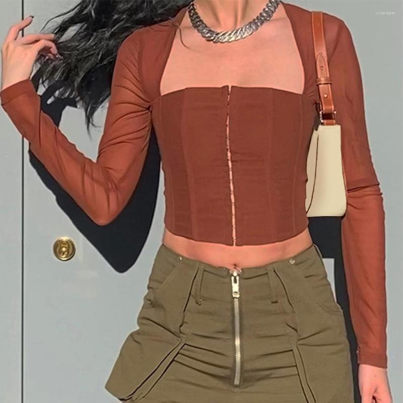 

Women's T Shirts Women Square Neck Tops Mesh Patchwork Long Sleeve T-shirts Cropped Top Fishbone Corset Pullover Ladies Slim Fit, Brown