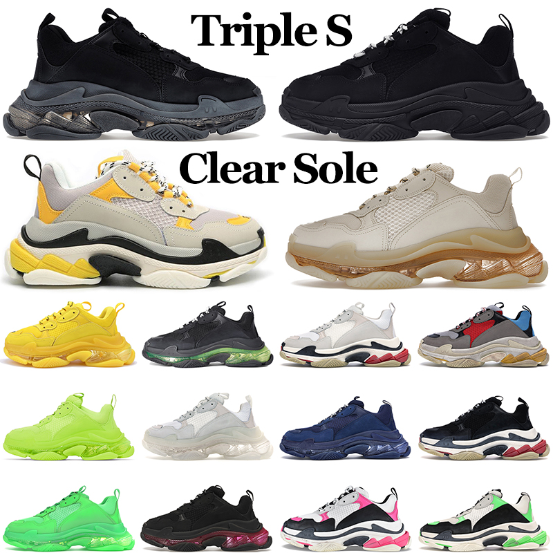 

triple s designer shoes women mens trainers platform sneakers clear sole Fluo Yellow Black White Neon Green Curry Grey, Clear sole item #1