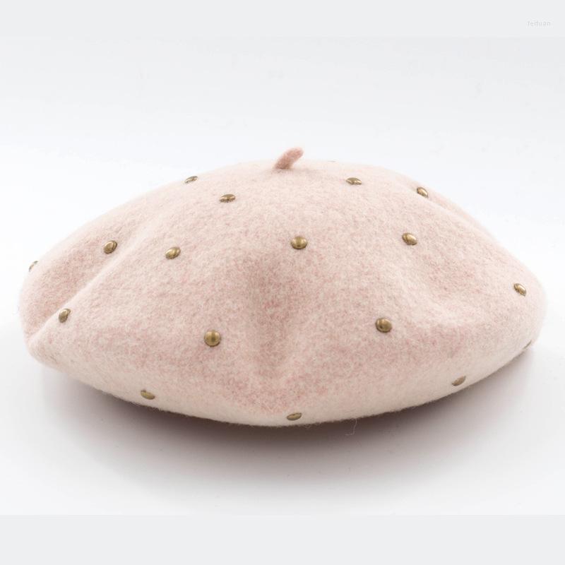 

Berets 202301-HH1026 Spring Wool Felt Rivet Decoration Fashion Beret Hat Men Women Leisure Painter, Black