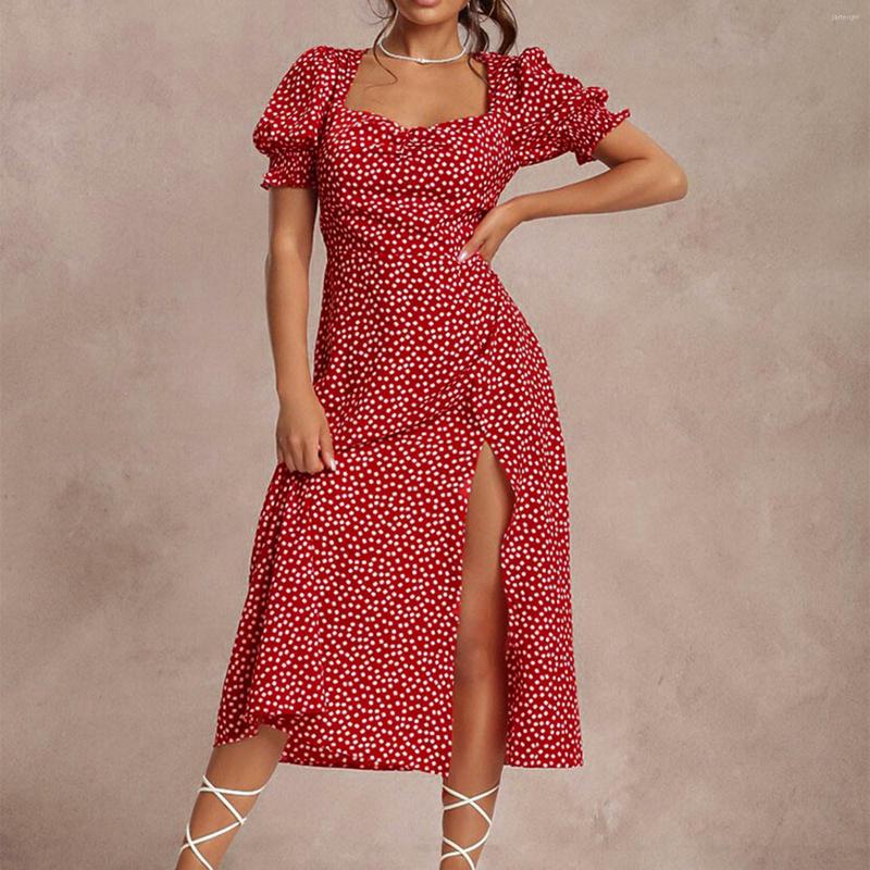 

Casual Dresses Wedding Guest For Women Bohemian Floral Printed Wrap Square Collar Short Sleeve Split Party Dress Boho, Sky blue