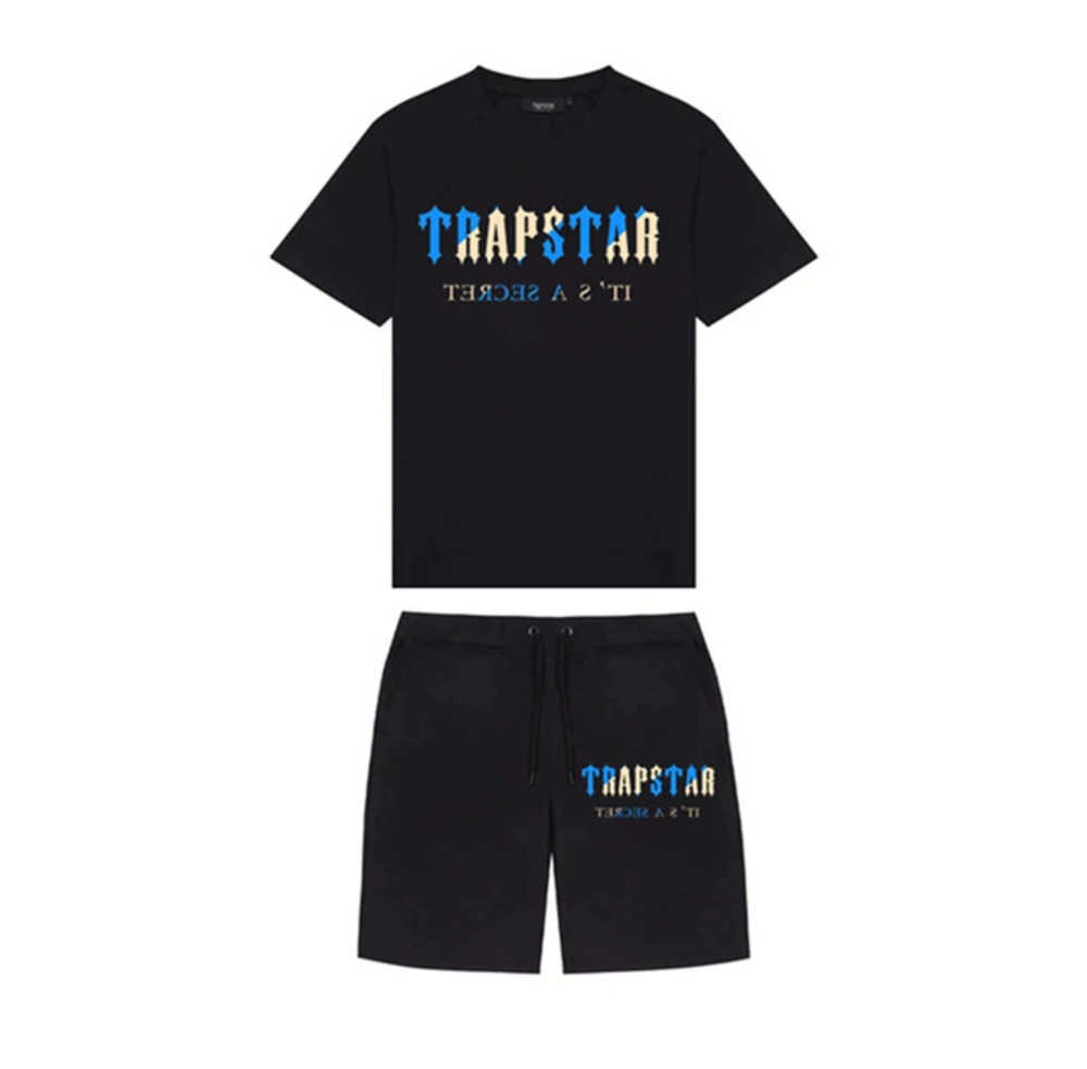 

Summer new Trapstar London shooter short-sleeved t shirt suits chenille decoding black ice flavor 2.0 men's round neck T-shirt short, T-shirt + shorts 12