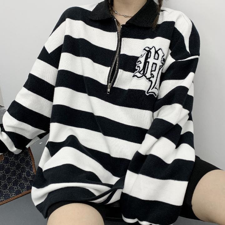 

Women's Polos Spring American Street Irregular Striped Loose Zipper Long-sleeved Shirt Men's And Top TrendWomen's Women'sWom, 02