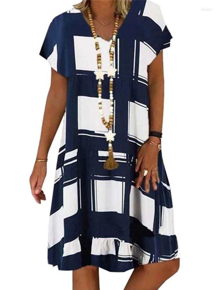 

Casual Dresses Summer Lattice Print Dress Women' V-neck Short Sleeve Vintage For Women Plus Size Beach Boho Loose Midi, Black