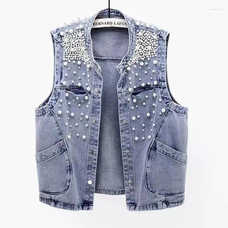 

Women's Vests 2023 Summer Women's Beaded Denim Vest Coat Sleeveless Tops Cropped Streetwear Jean Jacket Korean Fashion Waistcoat, Blue