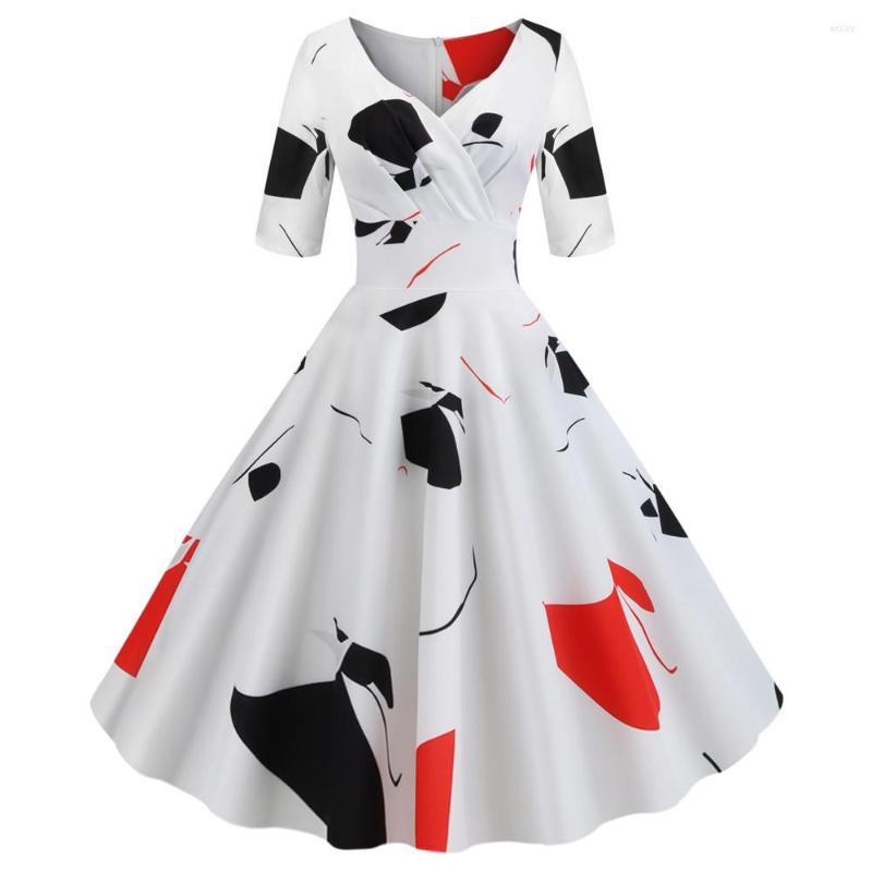 

Party Dresses Winter Flower Print Dress Female Fashion Mid-Sleeve V-Neck Stitching Retro Elegant Pair Big Swing, Jy14231