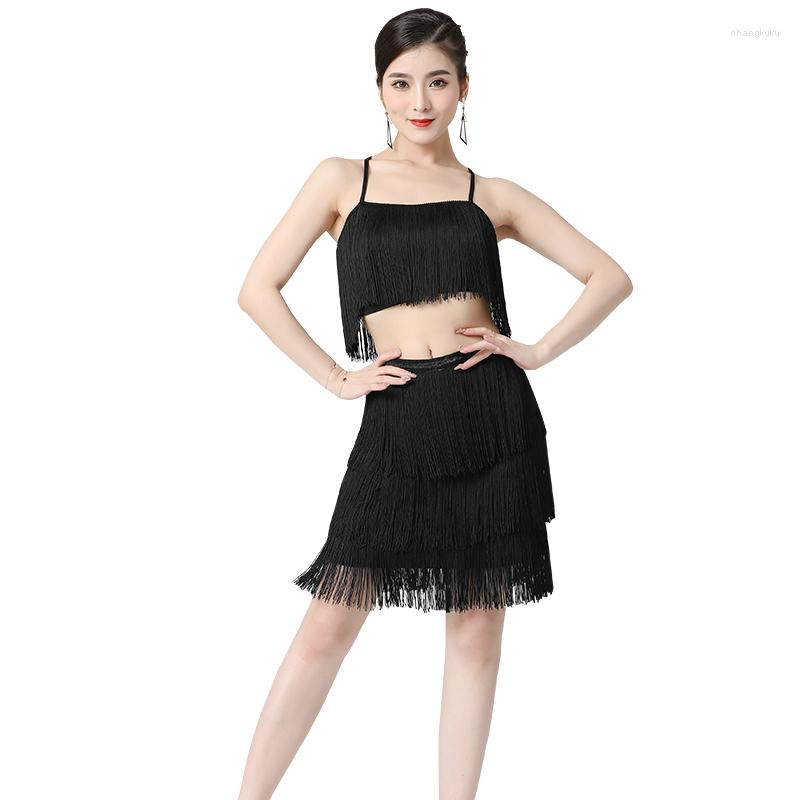 

Stage Wear Women Dance Clothes Latin Top Hip Scarf Tassel Costume Dress Ballroom Samba Fringes Competition Performance, Black